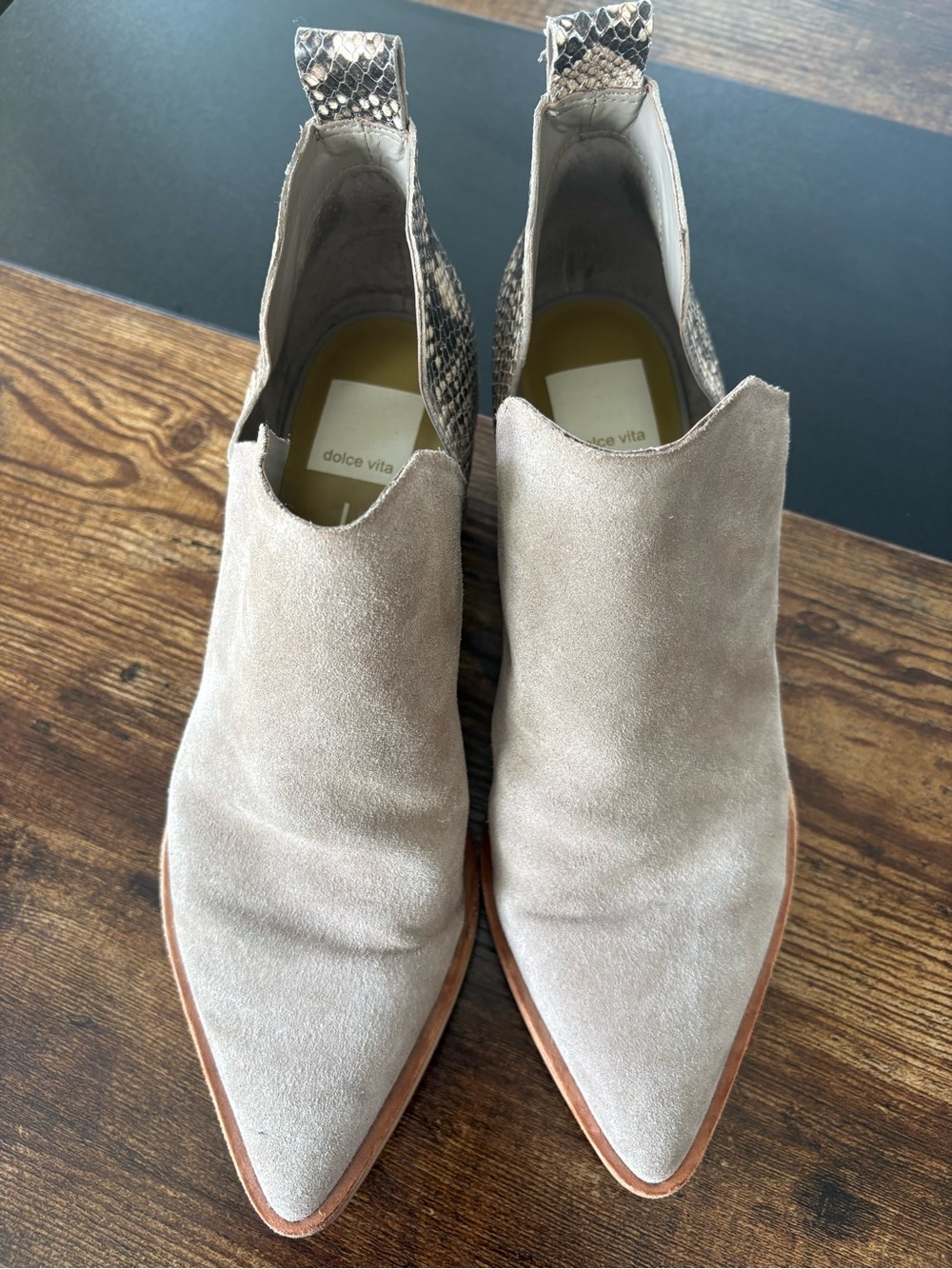 Dolce Vita Taupe Suede Pointed Slip-On Ankle Booties with Snake-Print Heel